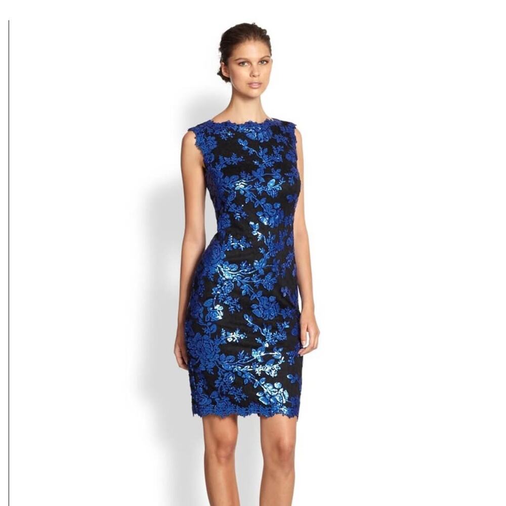 Tadashi Shoji Size 6 Blue Sequin Black Lace Boatneck Sleeveless Cocktail Dress